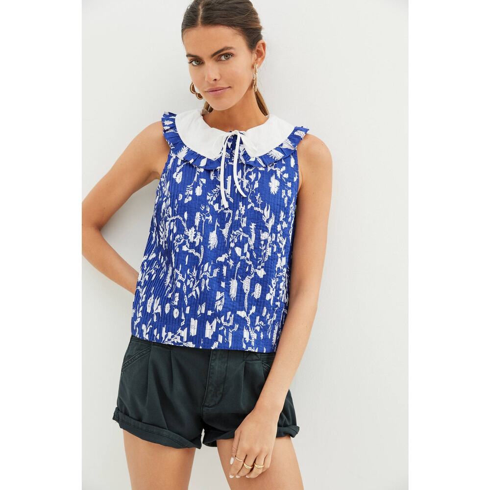 Anthropologie Blue and White Ruffled Collar Sleeveless Blouse